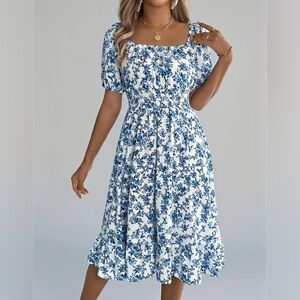 Floral Puff Sleeve Blue and White Midi Dress